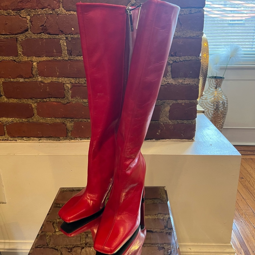 BNWT Zara Red Leather Knee Boots